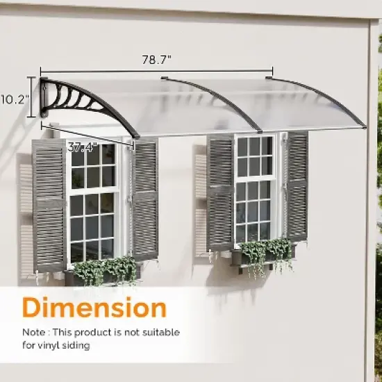 VINGLI Window Awning Door Canopy Exterior, 40" x 80" Awnings (Clear Board & Black Bracket) image {2}