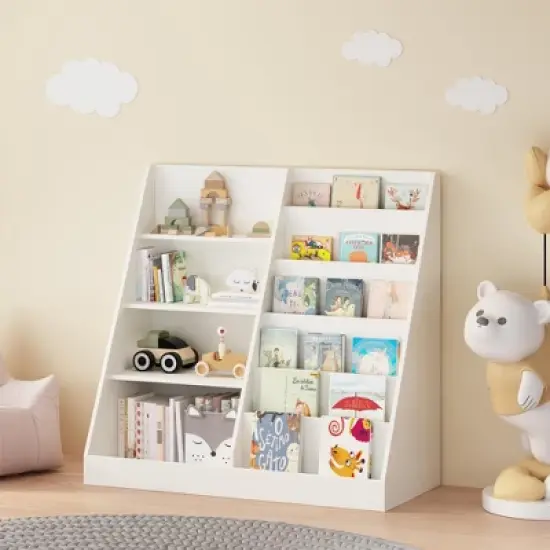 KTMBDW Kids Bookshelf and Toy Storage Organizer, 4 Tier Wooden Kids Book Shelf with Bookcase Display Stand for Kids Room, Playroom, Nursery image {9}