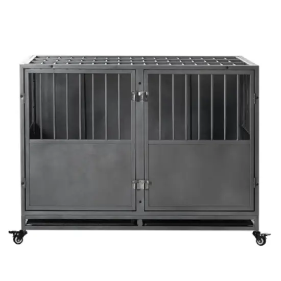 GustoWave 47'' Heavy-Duty Dog Crate with Double Door Wheels, Indoor Furniture Crate, Large Dog Kennel for Large Dogs, Carbon Steel, Silver image {9}
