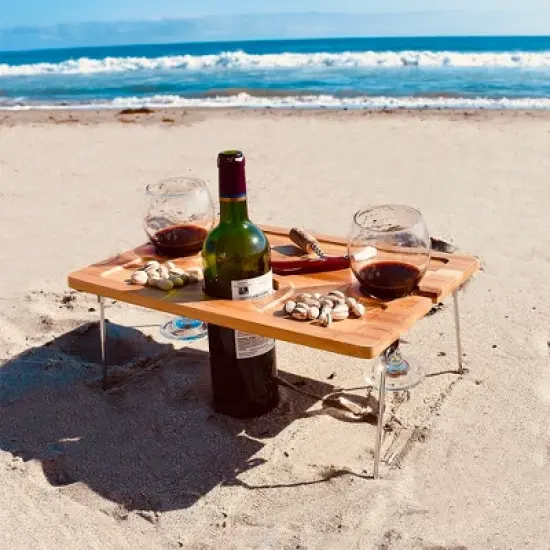 Tirrinia 15.7" x 11.8" Eco - friendly Natural Bamboo Wine Picnic Table, Folding Portable Outdoor Wine Glasses & Bottle, Snack and Cheese Holder Tray image {1}