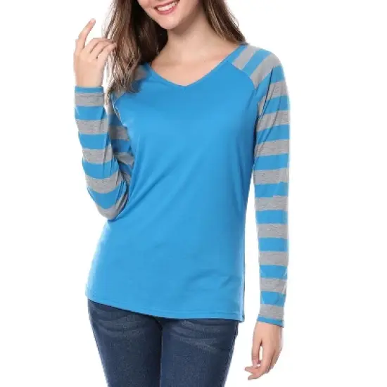 Allegra K Women's Striped V Neck Long Raglan Sleeve T-Shirts image {1}
