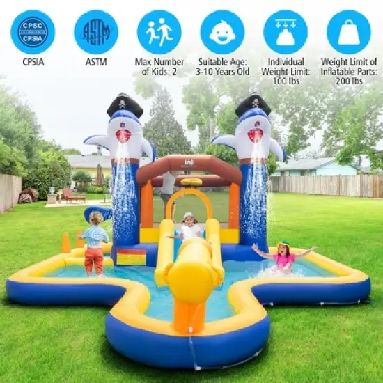 Costway Inflatable Water Slide Park Bounce House Splash Pool Water Cannon with 735W Blower image {3}