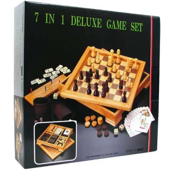 Toy Time 7-in-1 Deluxe Wood Board Game Set - Chess, Checkers, Backgammon, Dominoes, Cribbage, Poker Dice, and Standard 52-Card Deck image {3}