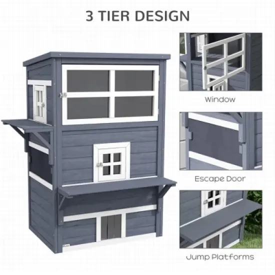 Gulches PawHut 3-Story Cat House Feral Cat Shelter, Outdoor Kitten Condo Jumping Platforms, Dark Gray image {4}