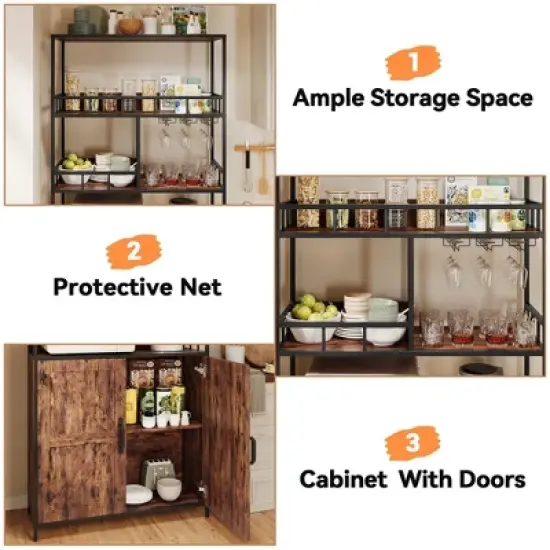 Bakers Rack with Storage, Farmhouse Freestanding Small Kitchen Pantry Hutch Tall Door Thickened Counter, Coffee Bar Storage Shelves image {3}