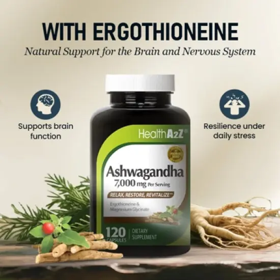 HealthA2Z &ndash; Ashwagandha 7000 mg with Magnesium Glycinate & Ergothioneine &ndash; 120 Capsules image {3}