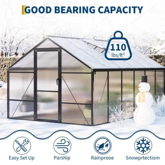 8x12FT Aluminum Greenhouse with Roof Vent Ground Nails Lockable Push Door Large Walk-in Green House for Outside Garden Backyard Patio Lawn image {6}