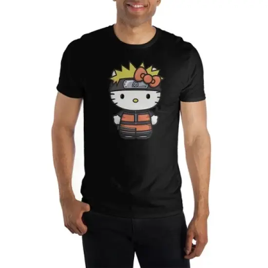 Mens Hello Kitty Naruto Anime Cartoon Crossover Black Shirt image {4}