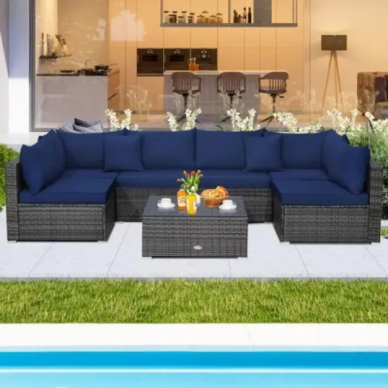 Costway 7PCS Patio Rattan Furniture Set Sectional Sofa Cushioned Garden image {11}