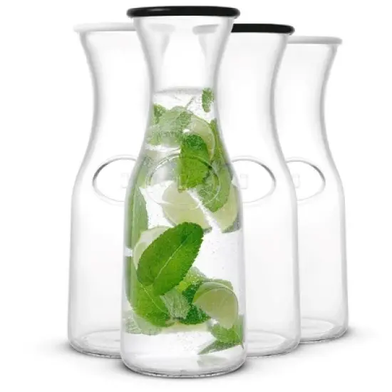 JoyJolt Hali Glass Carafe Bottle Water or Juice Pitcher with 6 Lids - 35 oz - Set of 4 image {2}
