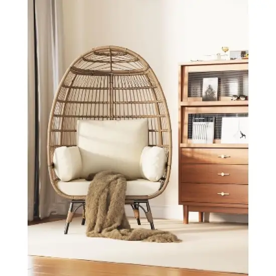 Oversize Rattan Egg Chair Outdoor Wicker Patio Lounge Chairs with Steel Frame Stand and 4 Cushions for Patio, Porch, Backyard, living rooms, Beige image {6}