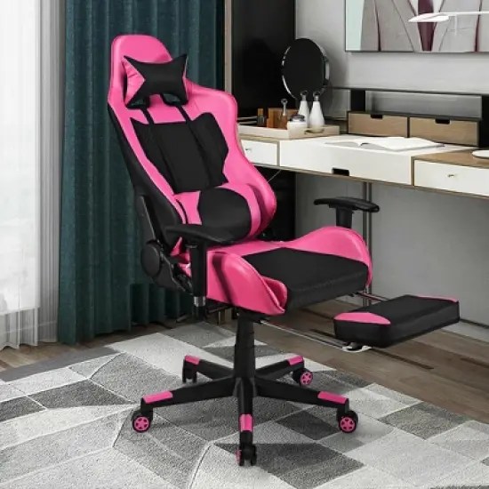Costway Gaming Chair  Massage  Reclining  Racing Office Computer Chair with Footrest Pink image {3}