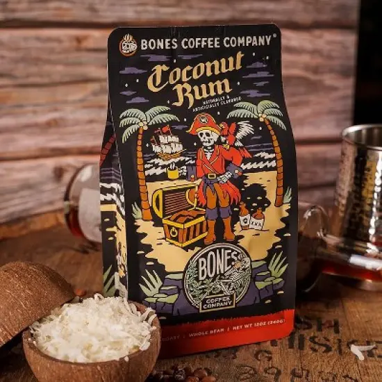Bones Coffee Company Coconut Rum Whole Coffee Beans Coconut Rum Flavor 12 oz Medium Roast (Whole Bean) image {3}