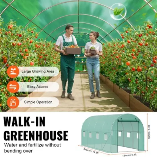 VEVOR Walk-in Tunnel Greenhouse, 14.6x6.4x6.3 ft Hoop House Greenhouse Tunnel with Galvanized Steel Frame, Green PE Cover, Roll-up Zipper Door image {5}