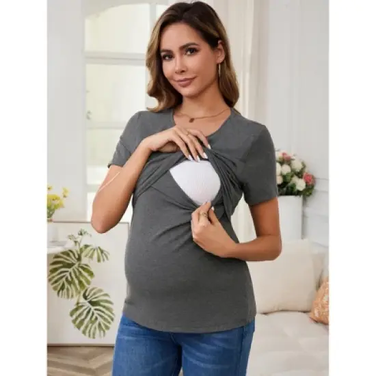 INSPIRE CHIC Women's Ribbed Knit Short Sleeve Nursing Shirts Crossover Maternity Breastfeeding Tops image {1}