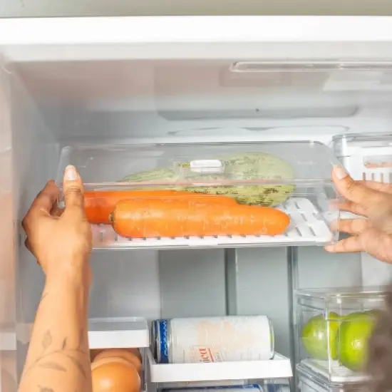 OU Fridge Organizer Bin with Vented Lid, Clear Stackable Refrigerator Storage Bin, Produce Kitchen Storage Container, 11.8" Depth, BPA Free image {7}