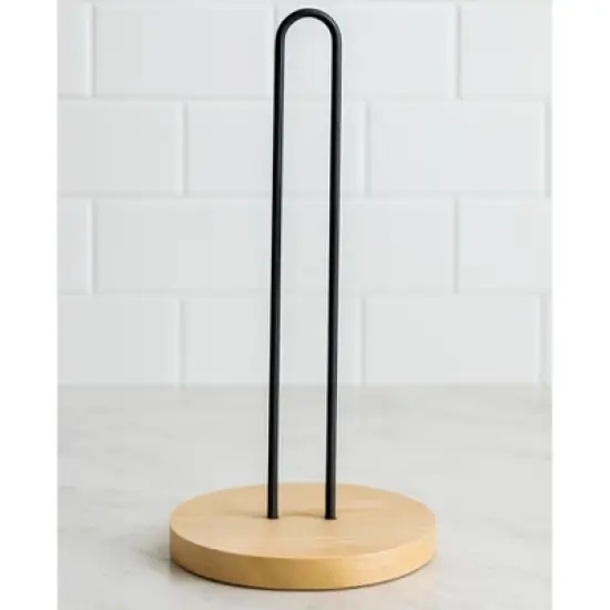 Home Mart Goods Matte Black Iron & Bamboo Paper Towel Holder - 13" Tall image {1}