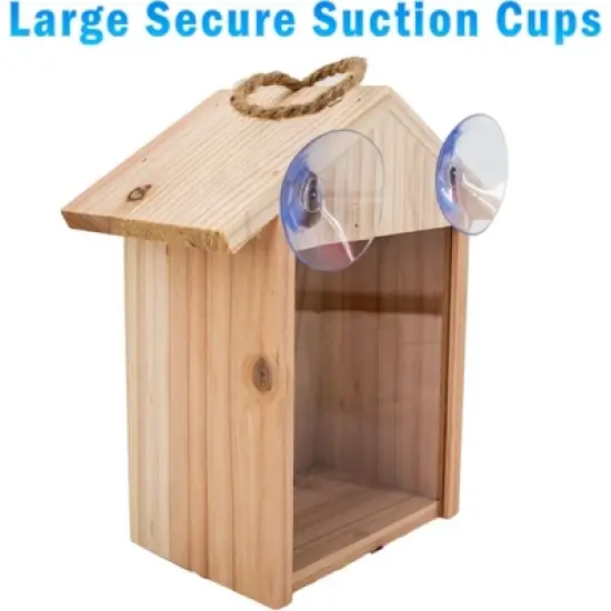 5 Star Super Deals See Through Wooden Window Bird house w/ Large Suction Cups, Hanging Lanyard Rope Birdhouse - Spy Window Nest Box image {2}
