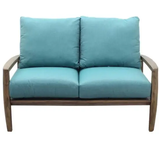 Courtyard Casual Avalon FSC Teak Loveseat Teak in Heather Gray finish Sling deck under cushion for comfort Sunbrella Fabric image {3}