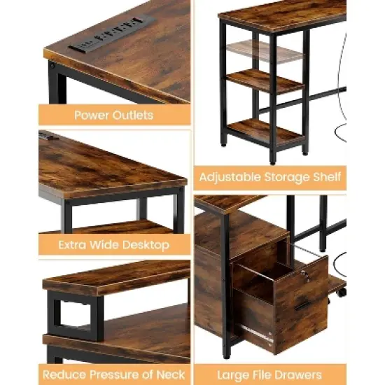 67" L Shaped Computer Desk with Drawers, Reversible Home Office Desk with Power Outlet, Adjustable Shelf and Mobile CPU Stand, Gaming Desk image {4}