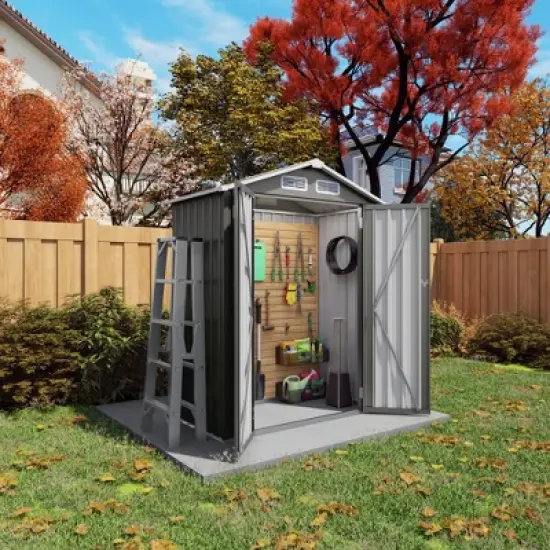 Hrinhom 60.3"W Metal Outdoor Lockable Door Storage Shed, Tool Shed with Peaked Roof Waterproof image {9}