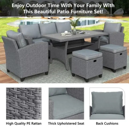 JUJABU 6-Piece Wicker Patio Garden Backyard Sofa Set with Cushion, 2 Stools and Coffeetable image {3}