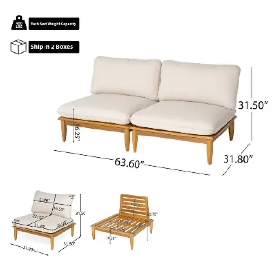 Scott Living Sacova Outdoor Acacia Wood Armless Chair, Teak Finish Frame with Beige Cushion, Set of 2 image {3}