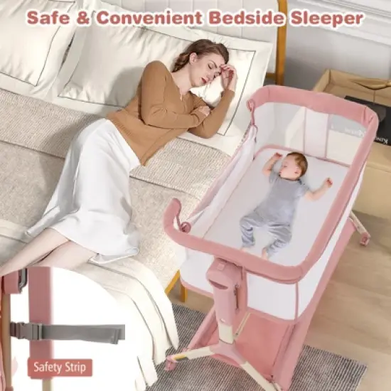 Safstar 3 in 1 Baby Bedside Bassinet w/Storage Basket, Universal Wheels, Adjustable Height, Mattress, Net & Portable Bag, Carriable Crib, Pink image {7}