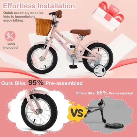 Costway 12"/14"/16"/18" Kids Bike with Height Adjustable Handlebar Seat Basket Bell Training Wheels Yellow/Green/Pink image {4}