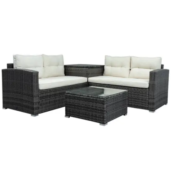 4pc Wicker Patio Set with Large Storage Box & Cushions - Gray/Beige - GODEER image {2}