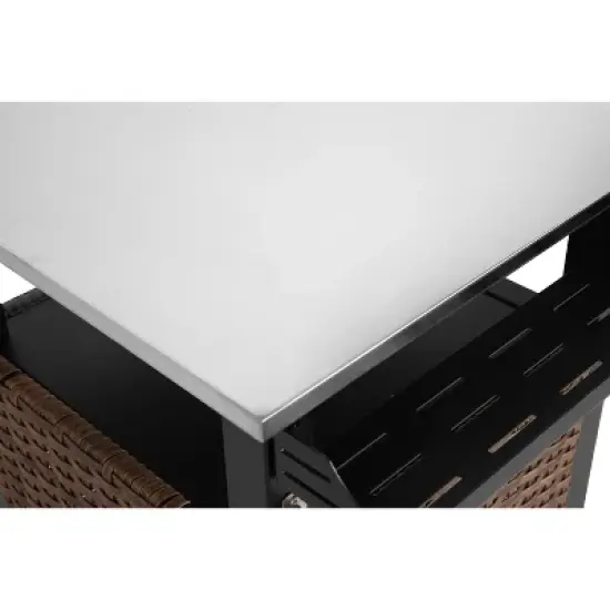 Outdoor Kitchen Wicker Island Rolling Cart & Storage Cabinet, Wheels and Stainless Steel Extended Table Top Brown image {7}