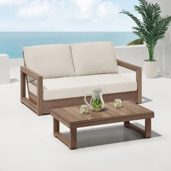 GDFStudio Andrae Outdoor Acacia Wood Loveseat and Coffee Table Set with Cushions image {1}