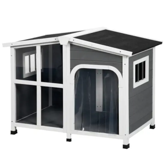 PawHut Cabin-Style Wooden Dog House for Large Dogs Outside with Openable Roof & Giant Window, Big Dog House Outdoor & Indoor, Dog Furniture, Gray image {3}