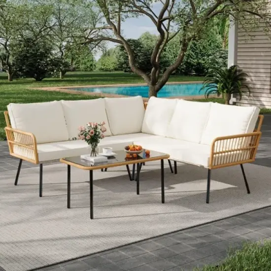 4 Pieces Patio Furniture Sets Wicker Outdoor Sectional L-Shaped with Cushions & Side Table and Chairs Set,Backyard,Porch, Beige image {1}