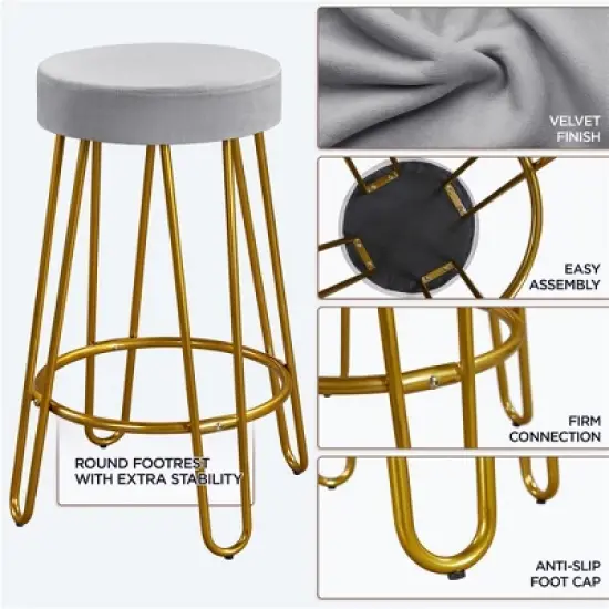 Yaheetech Set of 2 Upholstered Velvet Counter Stools with Metal Legs image {3}