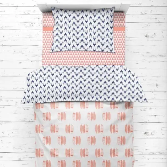 Bacati - Olivia Coral/Navy Buck/Feathers/Triangles Muslin 4 pc Toddler Bedding Set image {3}