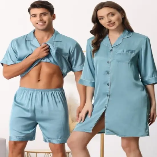 cheibear Men Satin Button Down Pajama Sets Short Sleeve Shirt and Shorts Sleepwear image {2}