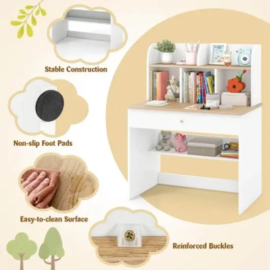 Costway Kids Wooden Study Desk Children Writing Table with Hutch & Drawer White image {4}