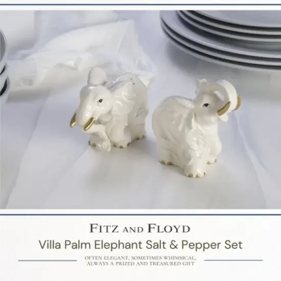 Fitz and Floyd Villa Palm Elephant Salt & Pepper Shaker Set, Handcrafted Earthenware with Golden Accents - Stunning Elephant Salt & Pepper Shakers image {1}