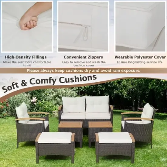 Costway 7PCS Patio Rattan Furniture Set Cushion Armrest Loveseat Ottoman Table image {5}