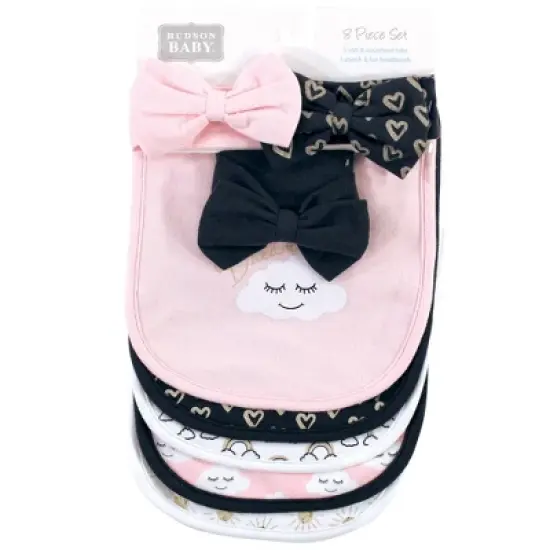 Hudson Baby Infant Girl Cotton Bib and Headband or Caps Set 8pk, Dream Love, One Size image {1}