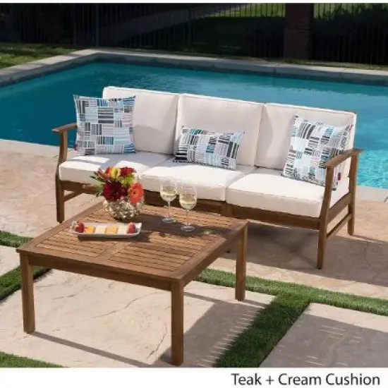 NicBex 3-Seater Outdoor Sofa Set, Acacia Wood Modular Couch with Coffee Table, Patio Sofa Set with Cushions image {6}