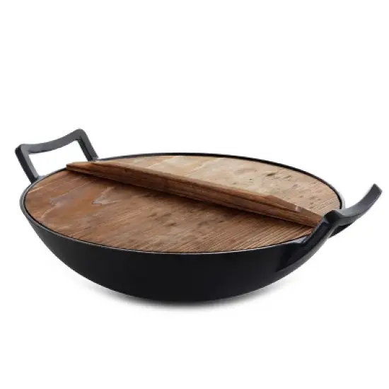 MegaChef 2 Piece 14 Inch Heavy Duty Cast Iron Wok with Wood Lid image {2}