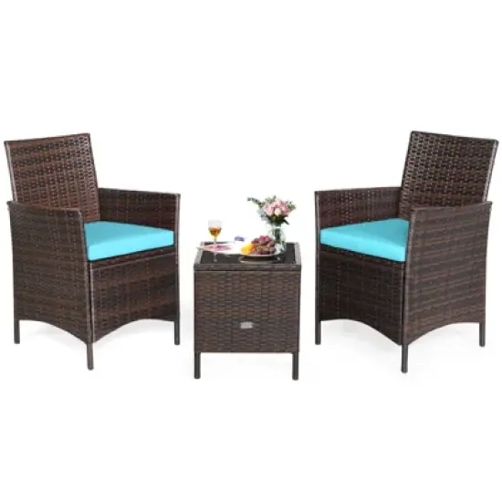 Tangkula 3 Pieces Patio Rattan Conversation Furniture Wicker Chairs with Coffee Table & Cushions Red/Blue/White image {11}