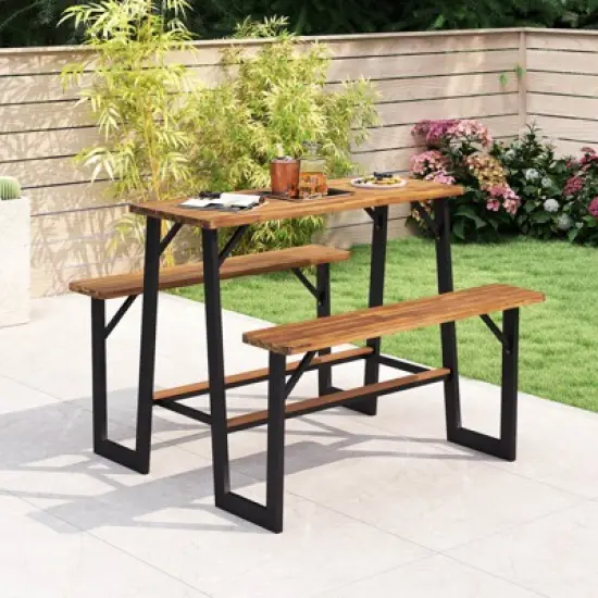 Costway Patio Picnic Table Bench Set with Acacia Wood Tabletop Benchtop Built-in Footrests image {10}