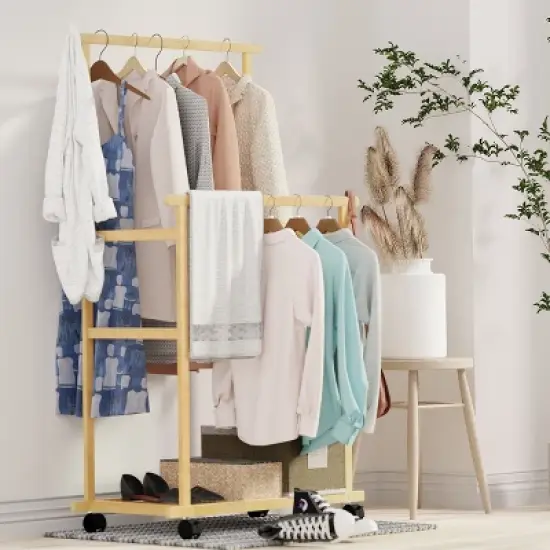 Artloge Thicken Double Rod Bamboo Hanging Clothes Rack Portable Rolling Coat Garment Stand Storage Organizer with Shoe Shelves & Wheels image {4}