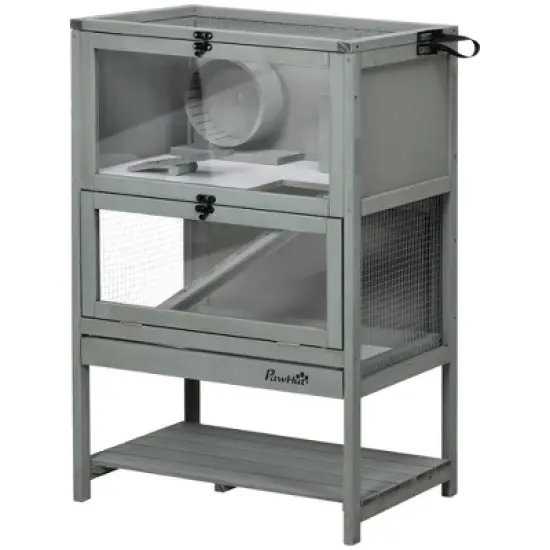 PawHut 35.5" Wooden Hamster Cage, Mice Rodent Small Animals Kit Hutch, w/ Storage Shelf, Sliding Tray, Seesaw, Running Wheel, Lockable Roof Grey image {3}