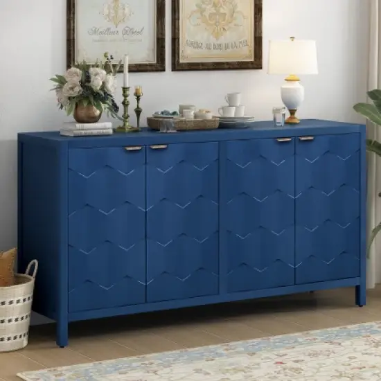 Sideboard Buffet Cabinet, Wooden Floor Storage Console Table, Sideboard Cabinet W/4 Honeycomb Pattern Designed Doors For Entryway Dining Room, Blue image {8}