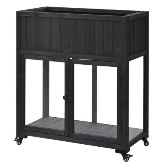 Outdoor Patio Fir Wood Mini Cold Frame,Polycarbonate Door Wooden Compact Garden Greenhouse with Wheels,Wooden Raised Bed with Liner-Coolbibila image {4}