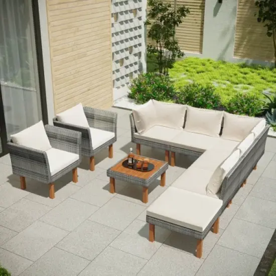 9pc Wicker & Acacia Wood Patio Conversation Set with Cushions - Beige - GODEER image {3}